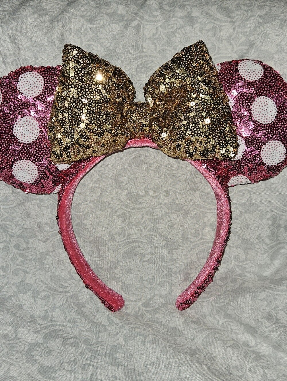 Official Disney Minnie Ears - Sequin Pink with White Polka Dots and Gold Bow